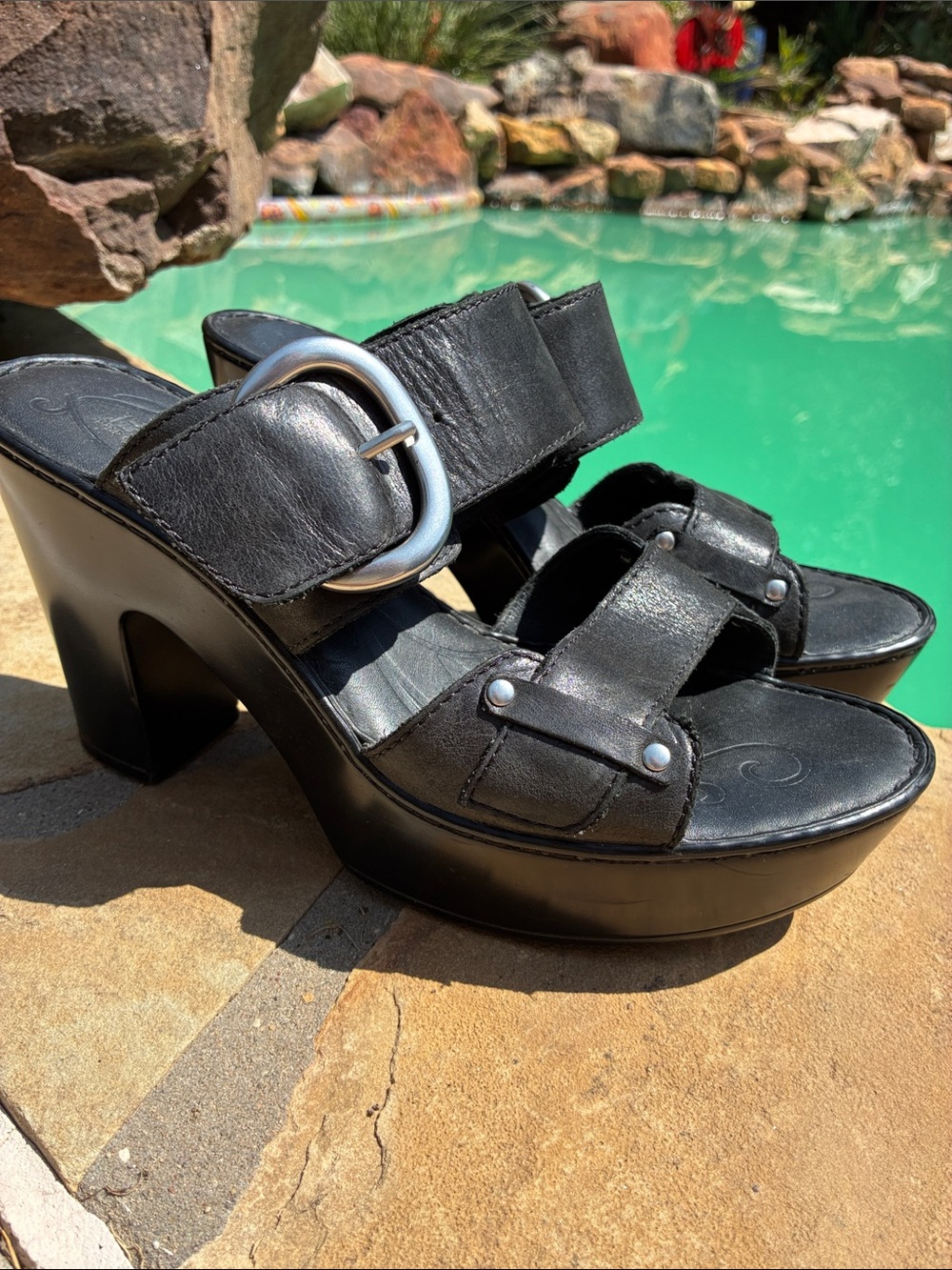Born Black Leather Platform Slide Sandals with Buckles